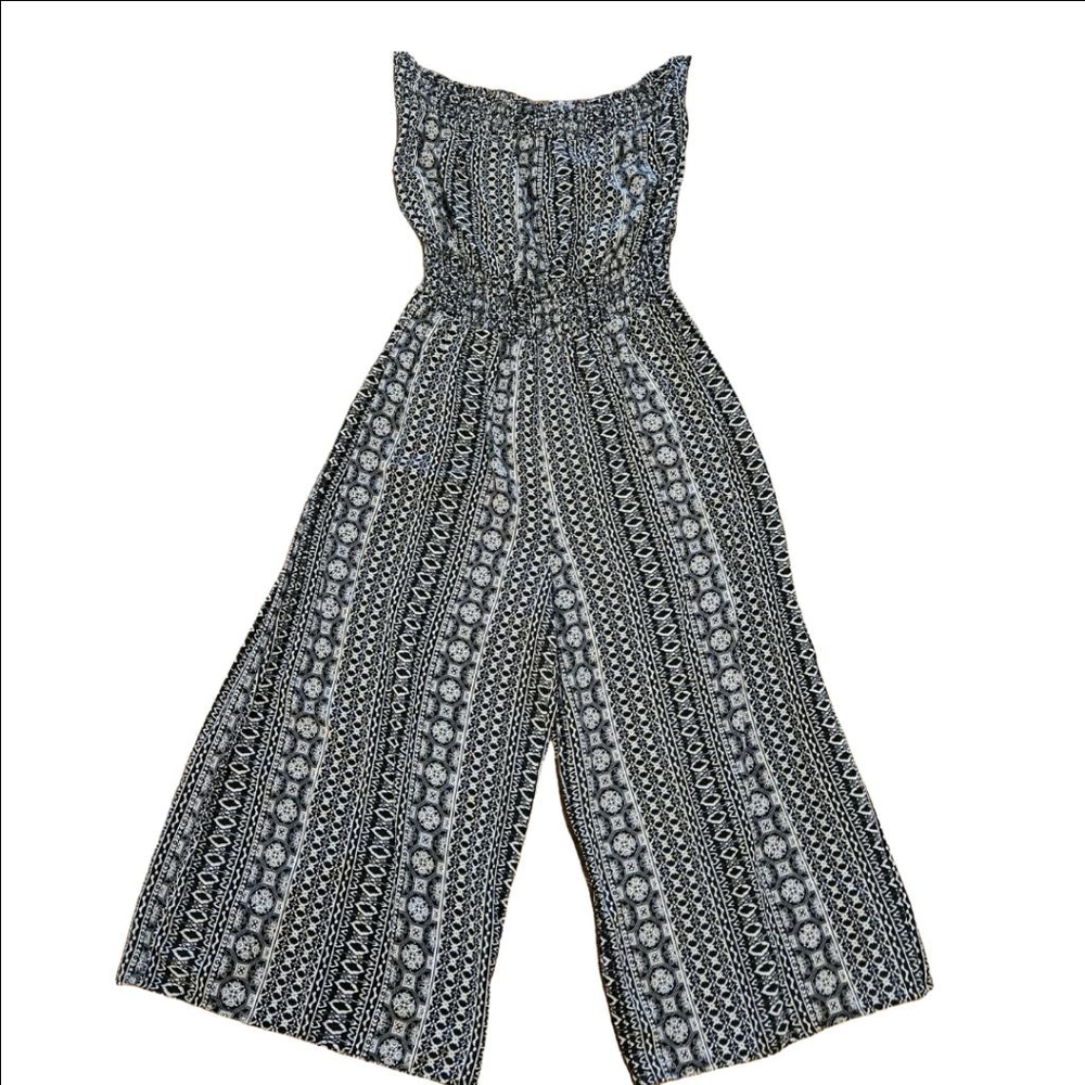 Women's LA Gypsy Sleeveless Wide Leg Jumpsuit Size M Black White Patterned